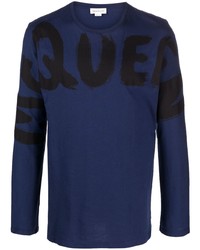 Мужская темно-синяя футболка с длинным рукавом с принтом от Alexander McQueen