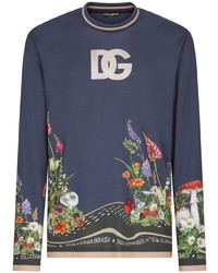 Мужская темно-синяя футболка с длинным рукавом с принтом от Dolce & Gabbana