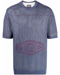Мужская темно-синяя футболка с круглым вырезом в сеточку с принтом от Diesel
