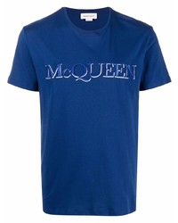 Мужская темно-синяя футболка с круглым вырезом с вышивкой от Alexander McQueen