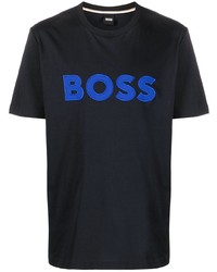 Мужская темно-синяя футболка с круглым вырезом с вышивкой от BOSS