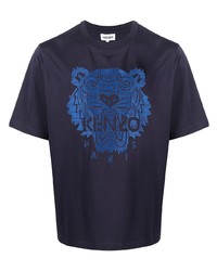 Мужская темно-синяя футболка с круглым вырезом с вышивкой от Kenzo