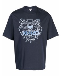 Мужская темно-синяя футболка с круглым вырезом с вышивкой от Kenzo