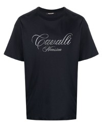 Мужская темно-синяя футболка с круглым вырезом с вышивкой от Roberto Cavalli