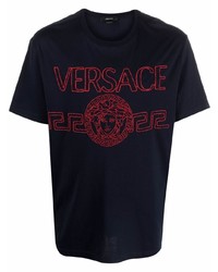 Мужская темно-синяя футболка с круглым вырезом с вышивкой от Versace