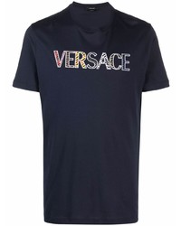 Мужская темно-синяя футболка с круглым вырезом с вышивкой от Versace
