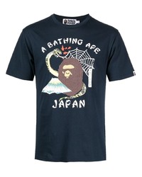 Мужская темно-синяя футболка с круглым вырезом с принтом от A Bathing Ape