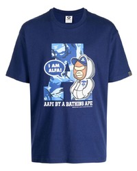 Мужская темно-синяя футболка с круглым вырезом с принтом от AAPE BY A BATHING APE
