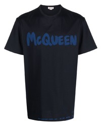 Мужская темно-синяя футболка с круглым вырезом с принтом от Alexander McQueen