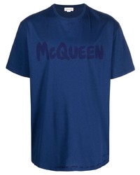 Мужская темно-синяя футболка с круглым вырезом с принтом от Alexander McQueen