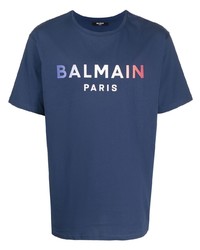 Мужская темно-синяя футболка с круглым вырезом с принтом от Balmain