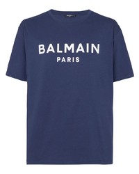 Мужская темно-синяя футболка с круглым вырезом с принтом от Balmain