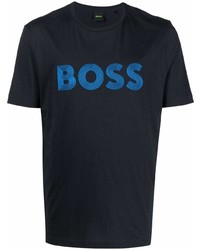 Мужская темно-синяя футболка с круглым вырезом с принтом от BOSS