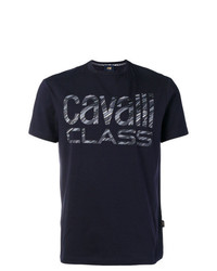 Мужская темно-синяя футболка с круглым вырезом с принтом от Cavalli Class