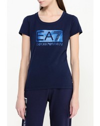 Женская темно-синяя футболка с круглым вырезом с принтом от EA7