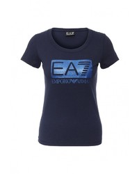 Женская темно-синяя футболка с круглым вырезом с принтом от EA7