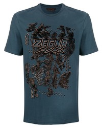 Мужская темно-синяя футболка с круглым вырезом с принтом от Ermenegildo Zegna