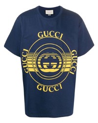 Мужская темно-синяя футболка с круглым вырезом с принтом от Gucci