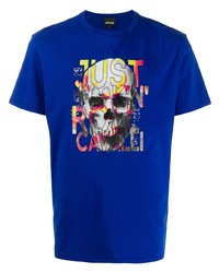 Мужская темно-синяя футболка с круглым вырезом с принтом от Just Cavalli