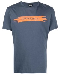 Мужская темно-синяя футболка с круглым вырезом с принтом от Just Cavalli