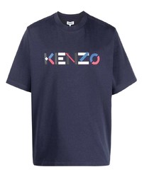 Мужская темно-синяя футболка с круглым вырезом с принтом от Kenzo