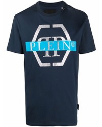 Мужская темно-синяя футболка с круглым вырезом с принтом от Philipp Plein