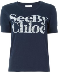 Женская темно-синяя футболка с круглым вырезом с принтом от See by Chloe