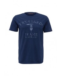 Мужская темно-синяя футболка с круглым вырезом с принтом от Trussardi Jeans