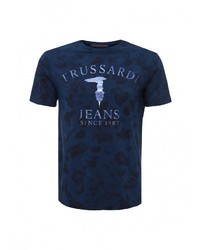 Мужская темно-синяя футболка с круглым вырезом с принтом от Trussardi Jeans