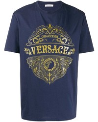 Мужская темно-синяя футболка с круглым вырезом с принтом от Versace Collection