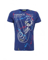 Мужская темно-синяя футболка с круглым вырезом с принтом от Versace Jeans