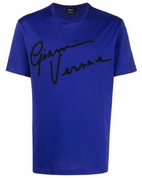 Мужская темно-синяя футболка с круглым вырезом с принтом от Versace