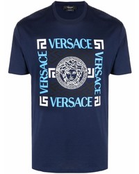 Мужская темно-синяя футболка с круглым вырезом с принтом от Versace