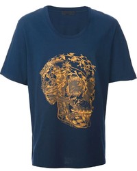 Мужская темно-синяя футболка с круглым вырезом с цветочным принтом от Alexander McQueen