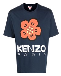 Мужская темно-синяя футболка с круглым вырезом с цветочным принтом от Kenzo