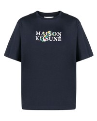 Мужская темно-синяя футболка с круглым вырезом с цветочным принтом от MAISON KITSUNÉ