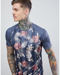 Мужская темно-синяя футболка с круглым вырезом с цветочным принтом от Siksilk