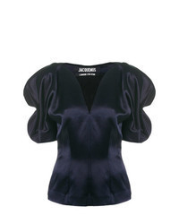 Темно-синяя шелковая блуза с коротким рукавом