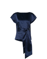 Темно-синяя шелковая блуза с коротким рукавом от Rosie Assoulin