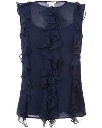 Темно-синяя шелковая блузка с рюшами от Oscar de la Renta