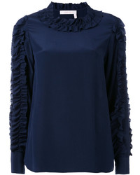 Темно-синяя шелковая блузка с рюшами от See by Chloe