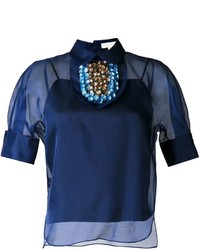 Темно-синяя шелковая блузка с украшением от DELPOZO
