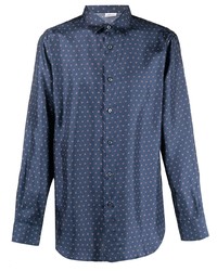 Мужская темно-синяя шелковая рубашка с длинным рукавом с геометрическим рисунком от Brioni