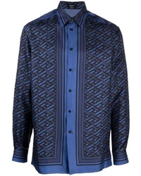 Мужская темно-синяя шелковая рубашка с длинным рукавом с геометрическим рисунком от Versace