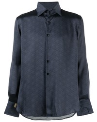 Мужская темно-синяя шелковая рубашка с длинным рукавом с принтом от Billionaire