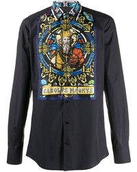 Мужская темно-синяя шелковая рубашка с длинным рукавом с принтом от Dolce & Gabbana
