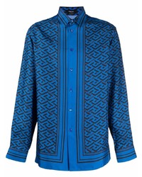 Мужская темно-синяя шелковая рубашка с длинным рукавом с принтом от Versace