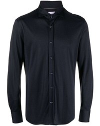 Мужская темно-синяя шелковая рубашка с длинным рукавом от Brunello Cucinelli