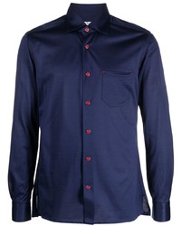 Мужская темно-синяя шелковая рубашка с длинным рукавом от Kiton