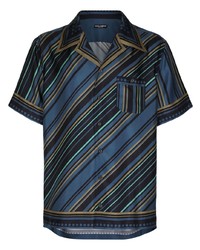 Мужская темно-синяя шелковая рубашка с коротким рукавом в вертикальную полоску от Dolce & Gabbana